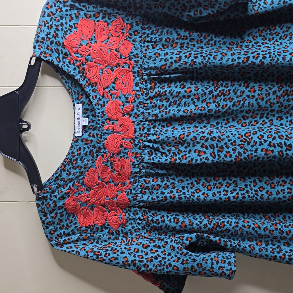 See And Be Seen Leopard Print Embroidered Short Sleeve Top or Tunic Medium - Picture 8 of 11